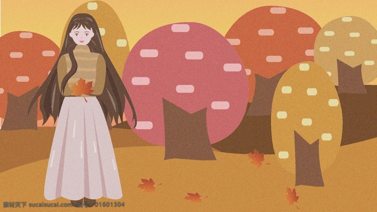月 你好 女孩 野外 散步 森林 秋天 黄色 插画 1月你好 毛衣 落叶