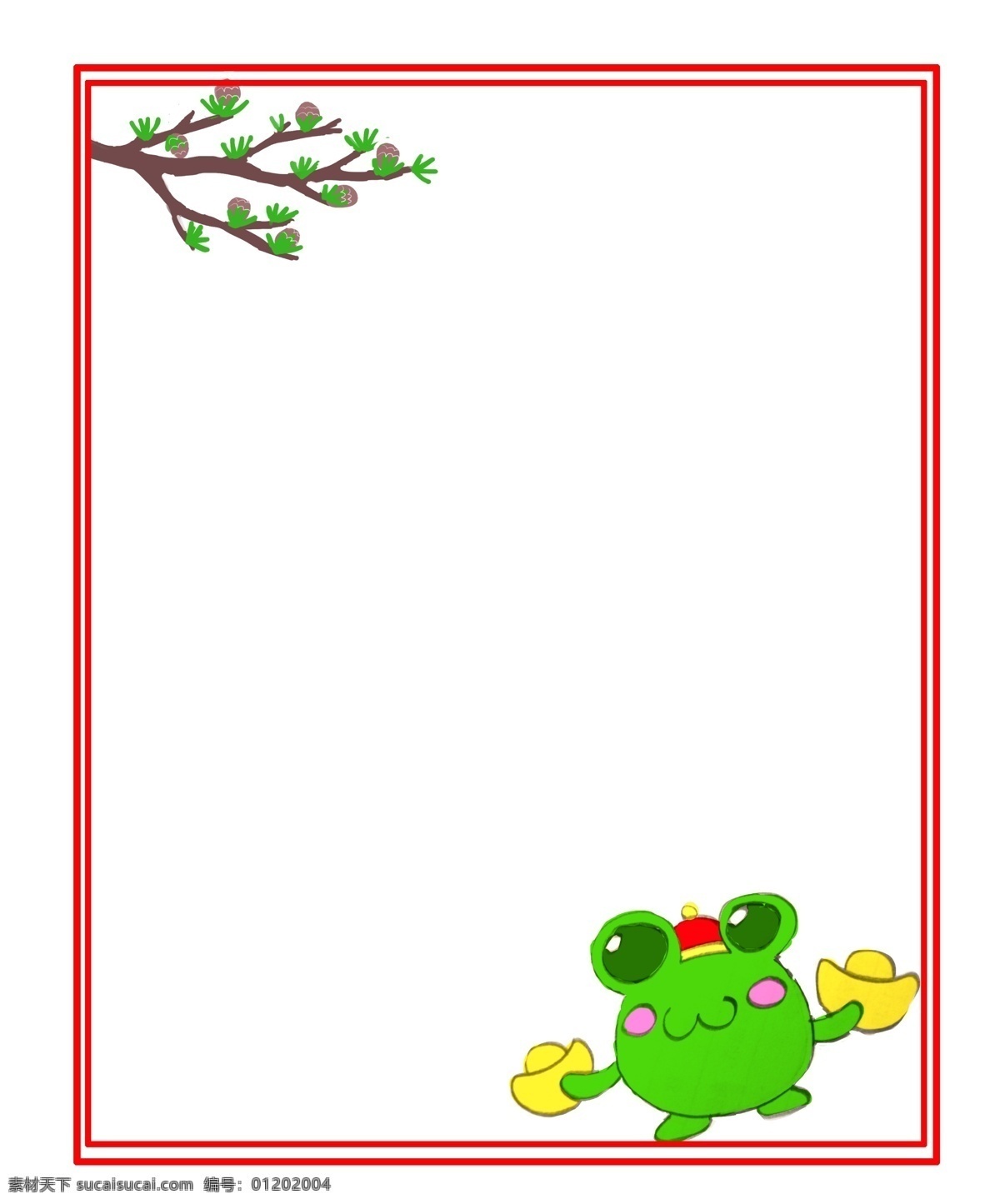 卡通 绿色 小 青蛙 新年 喜庆 边框 卡通手绘 金色元宝 红色帽子 欢度新年 生机勃勃 绿色青蛙 吉蛙贺岁