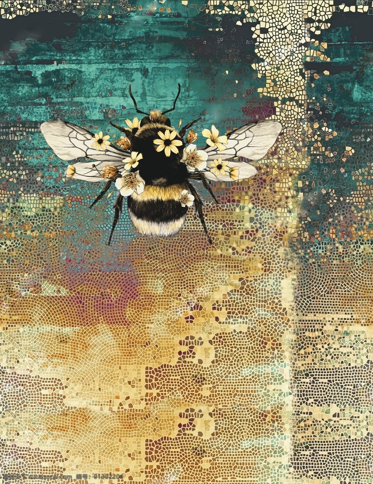 印花 红花 裁片 数码印花 手绘蜜蜂 分层