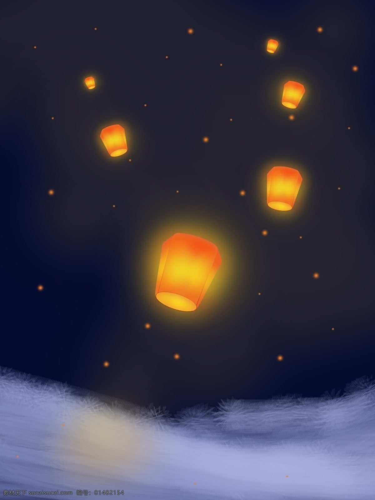 夜晚 雪地 孔明灯 背景 图 孔明灯海 天空 深蓝色