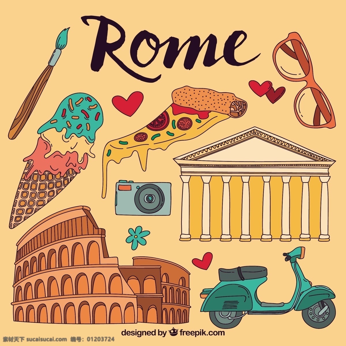 罗马元素插图 旅游 城市 比萨 绘画 意大利 插图 胡蜂 手工 罗马 奶油 抽纱 手绘 画报