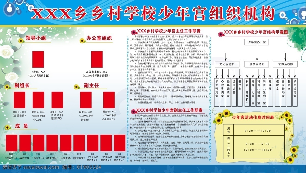 少年宫 组织机构 图 展板 工作职责 活动时间 蓝色背景 学校闸板