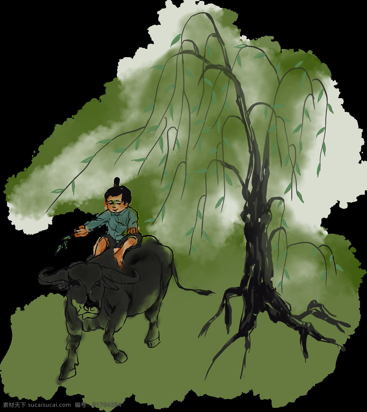 水墨插图图片 柳树 插图 小孩子 骑牛 水墨 插画