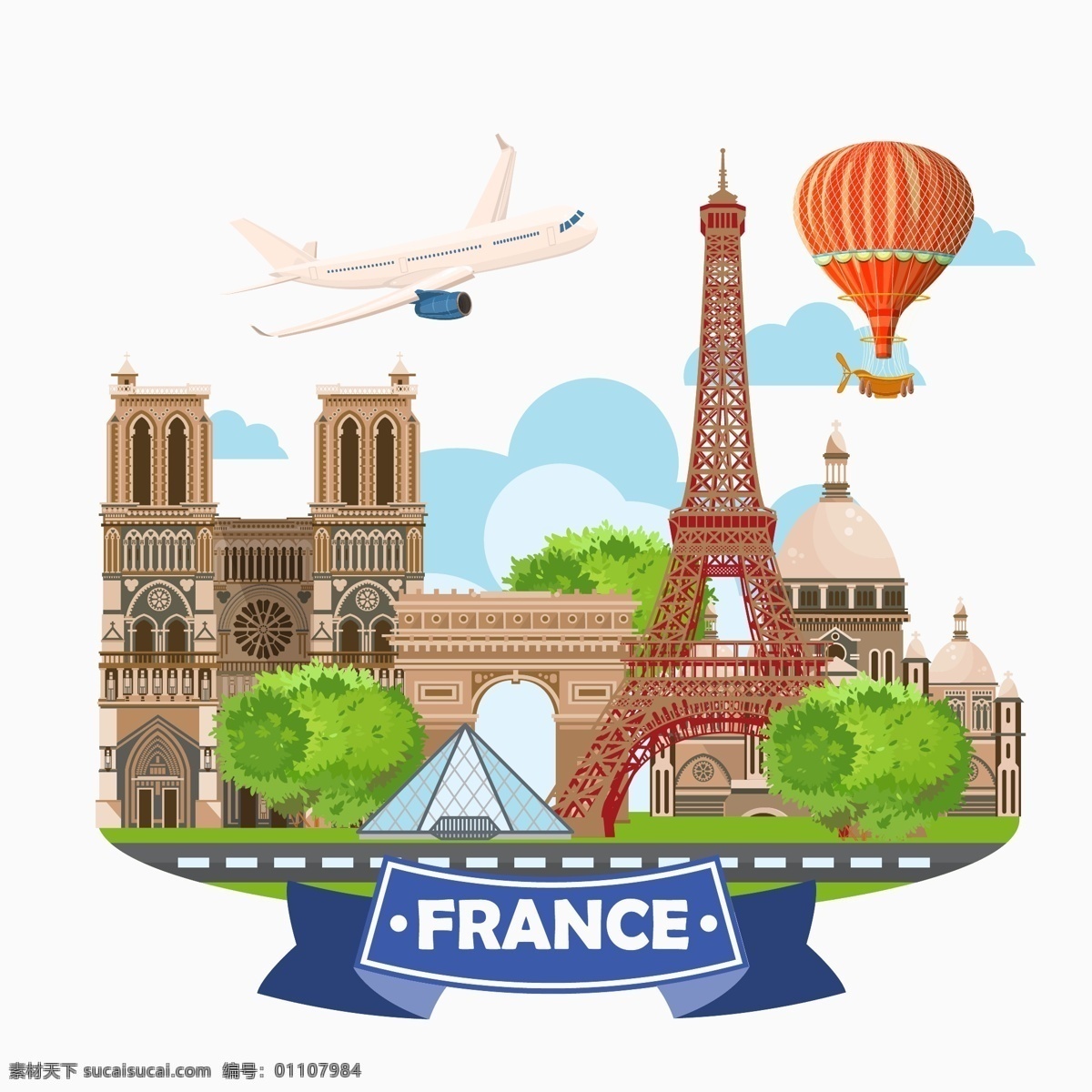 时尚 浪漫 法国 建筑 插画 飞机 热气球
