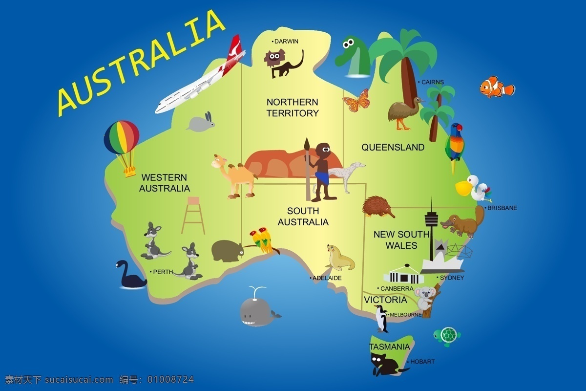 澳大利亚 地形图 蓝色背景 矢量动物 矢量人物 矢量热气球 矢量飞机 矢量袋鼠 矢量鹦鹉 矢量 悉尼歌剧院 矢量植物 动物 动物图案 可爱图案 可爱动物 绿色地形图 绿色 世界 卡通形象 ai矢量文件 地图专辑 卡通设计
