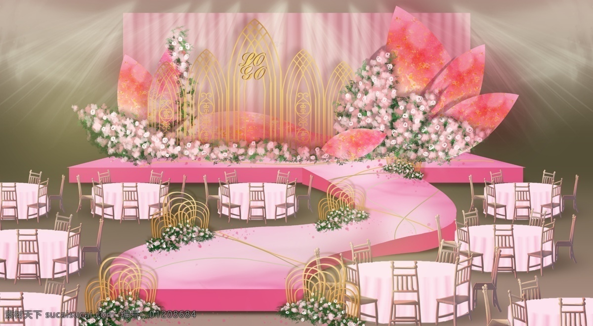 粉色 渐变 水彩 婚礼 舞台 效果图 金色 拱门 线条 粉色花朵