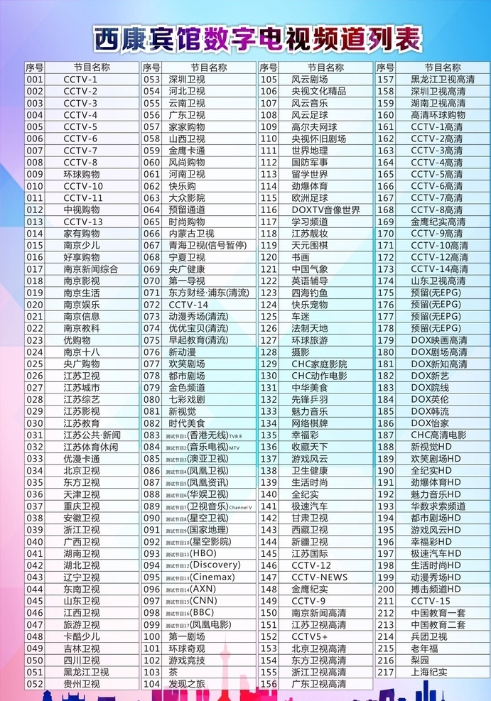 西康 宾馆 数字电视 频道 列表 西康宾馆 节目顺序表 epg 炫彩 广播 蓝 菜单菜谱