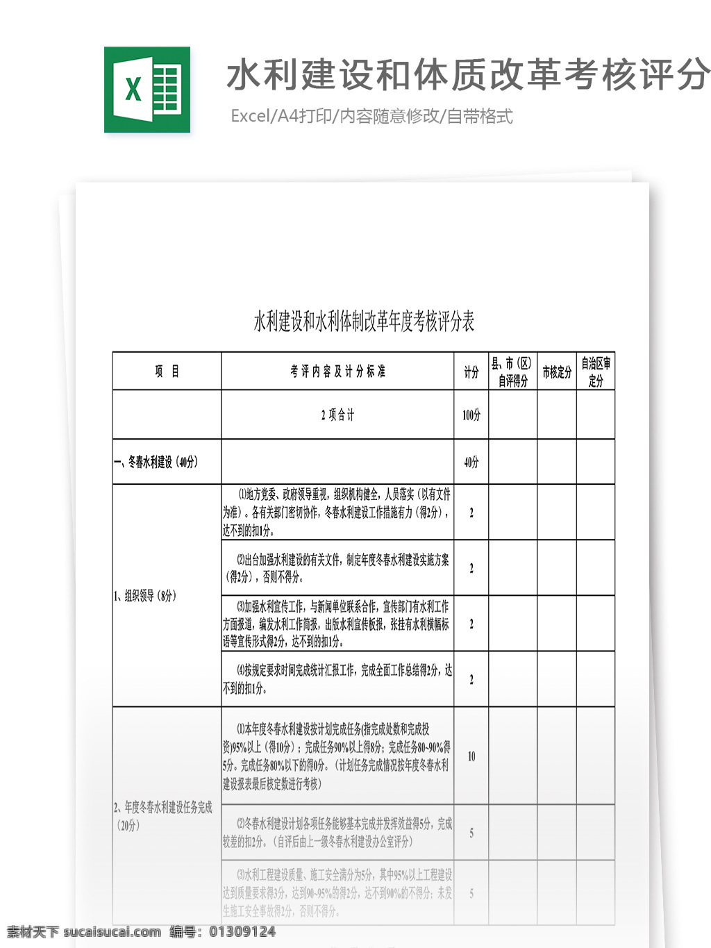 水利建设 体制改革 年度 考核 评分表 表格 表格模板 表格设计 图表 考核评分表