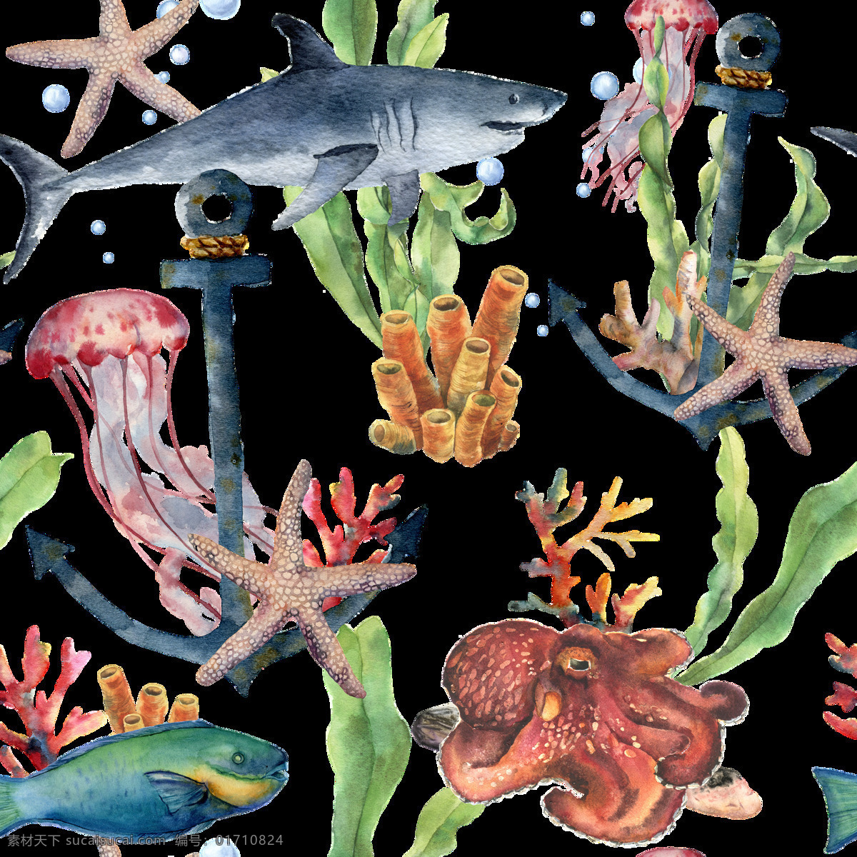 海洋 主题 插画 图案 海洋生物 热带鱼群 水彩插画 海底世界 海洋生物插画 鱼群插画 装饰图案 水草植物插画