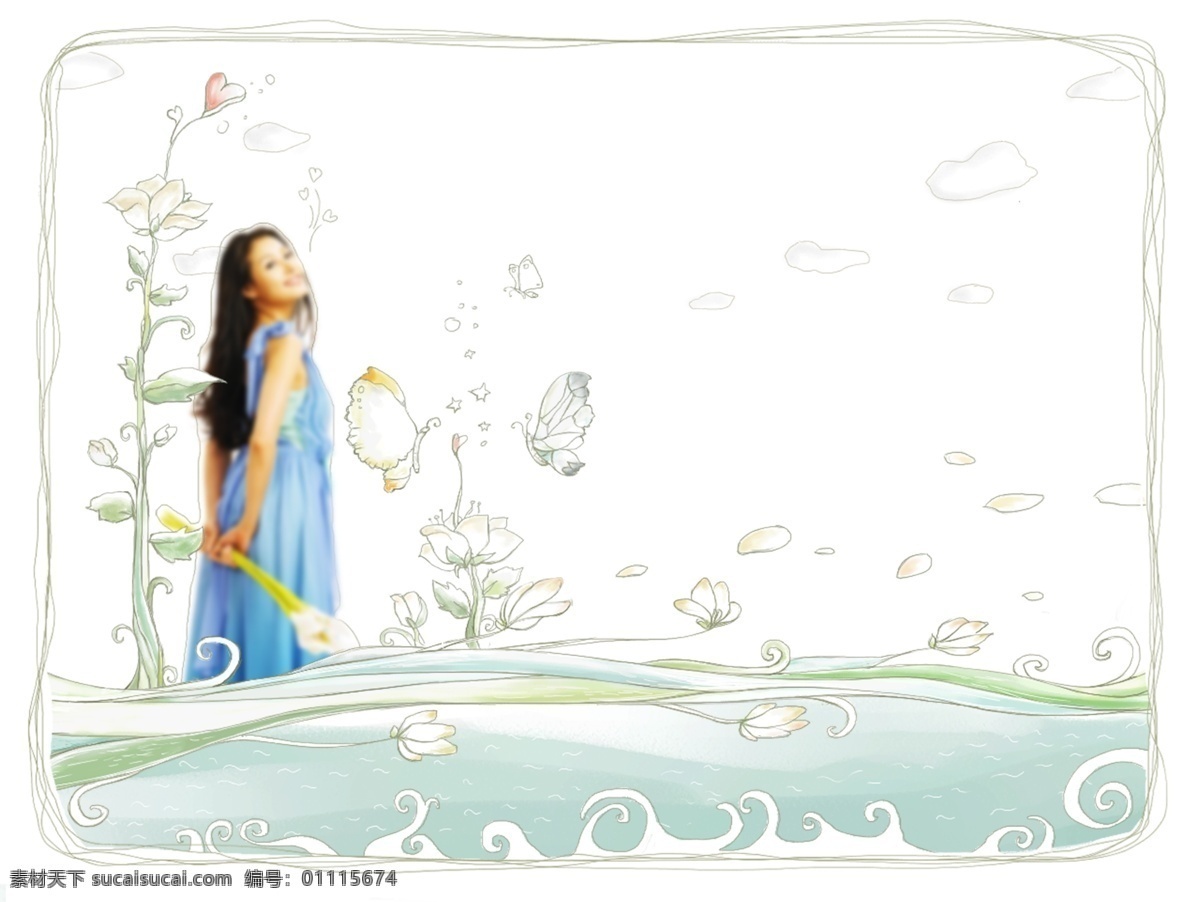 花朵 昆虫 植物 美女 分层 韩国素材 krtk 创意设计 人物 插画 女孩 手绘 花卉 边框 蝴蝶 裙装 裙子 蓝色 白色