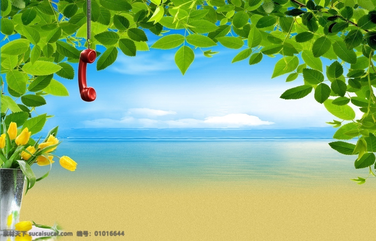 分层 背景 背景素材 电话 沙滩 大海 蓝天 绿色
