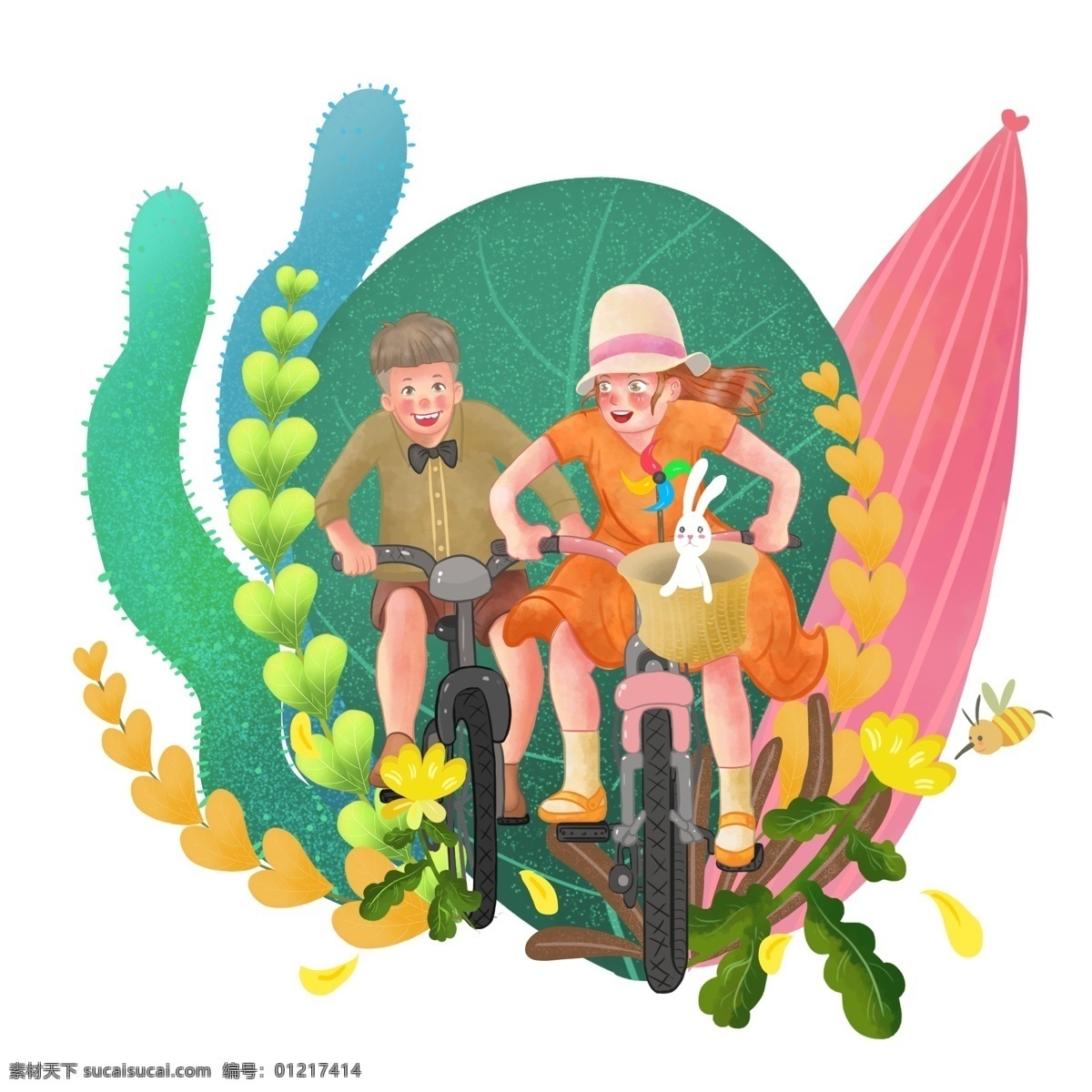 商用 高清 手绘 两个 童儿 骑 自行车 儿童形象 玩耍 植物 卡通 可商用 小清新