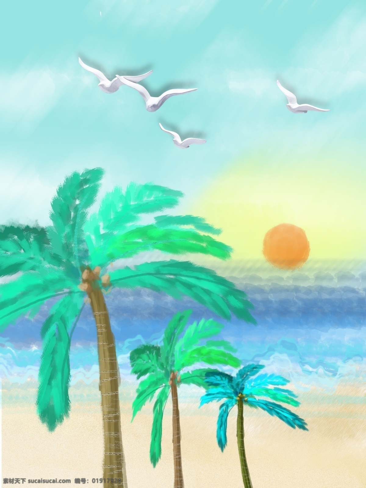 简约 手绘 客厅 沙滩 椰树 装饰画 一联画 浮雕海鸥 客厅装饰画 日出 手绘椰子树