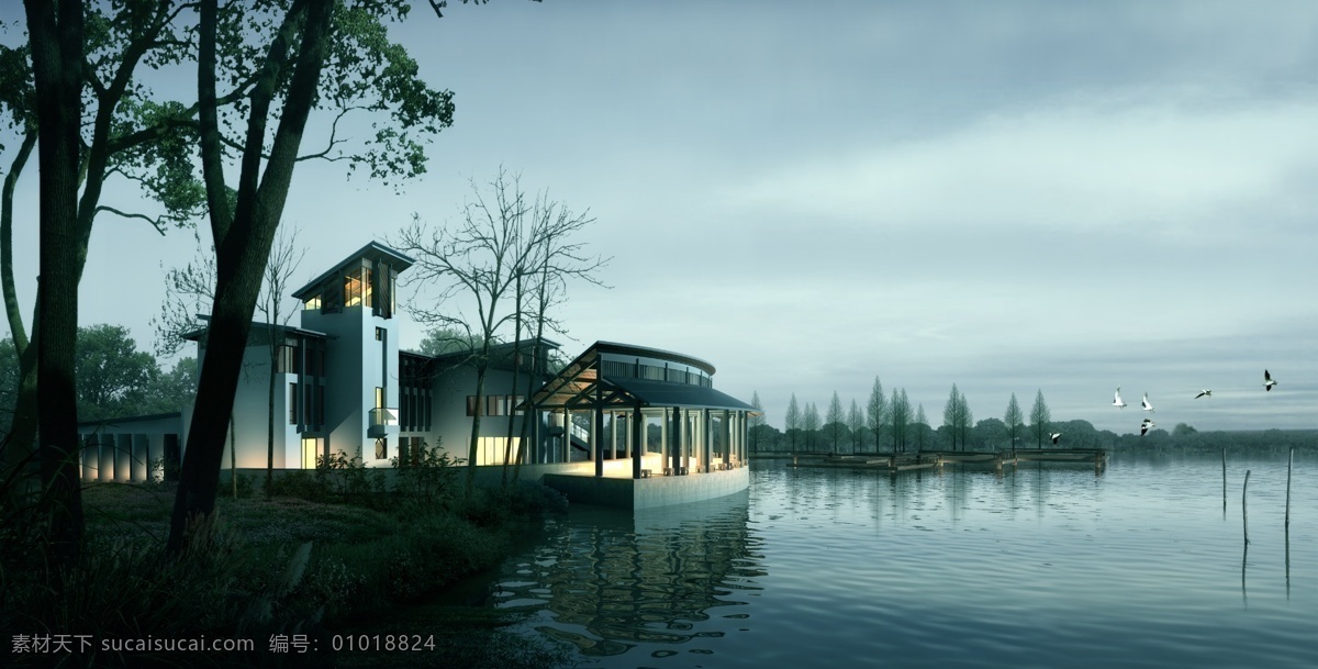 湖边 别墅 景观设计 湖泊 飞鸟 草地 树木 房屋 建筑物 蓝色天空 环境设计