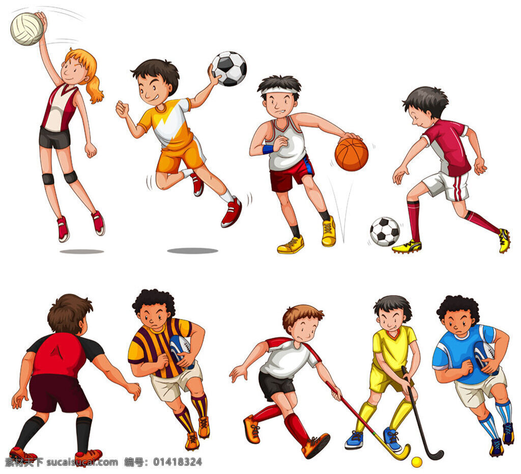 打球一群儿童 矢量素材 矢量图 设计素材 开心 儿童 运动 打球 健身 卡能人物 人物插画 女孩 男生 学生 篮球 足球