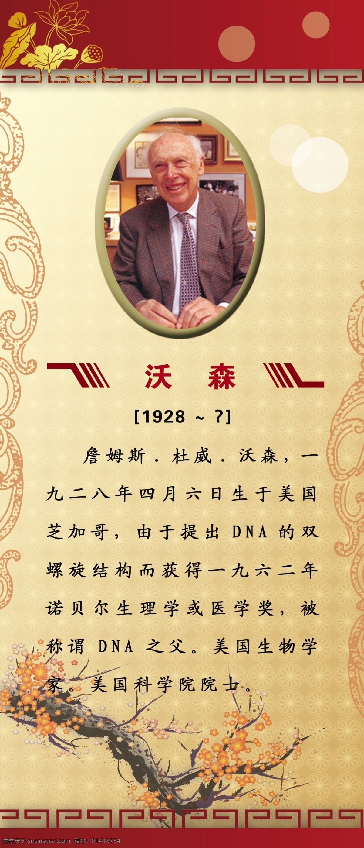 仿古花边 广告设计模板 荷花 花纹 梅花 名人简介 名人名言 源文件 沃森 名人 简介 模板下载 展板模板 psd源文件