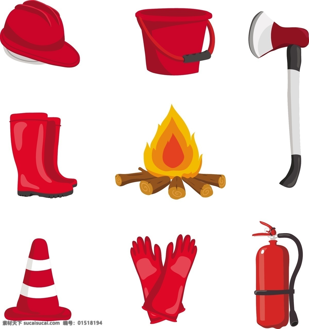 消防设备 设计素材 救火设备 斧头 安全帽 火堆 水桶 鞋子 手套 白色