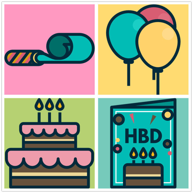 生日 派对 icon 图标 线性 扁平 手绘 单色 多色 简约 精美 可爱 蛋糕 气球