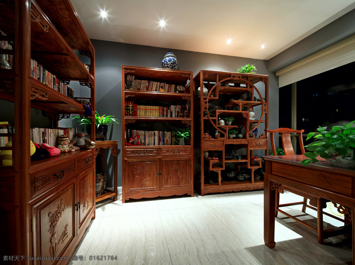 文雅 气质 中式 书房 效果图 复古书桌 绿植 密度板 木制书柜 木制书桌