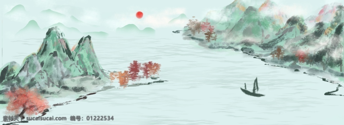 写意 水墨 风 中国 背景 中国风 水墨风 复古 插画 手绘 远山 渔船 红日
