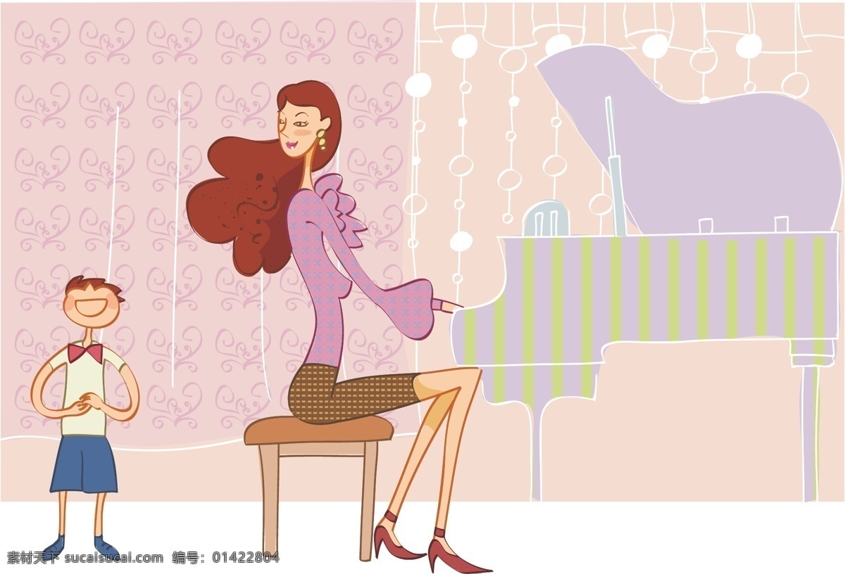 弹 钢琴 女人 弹钢琴 老师 学生 矢量图 矢量人物