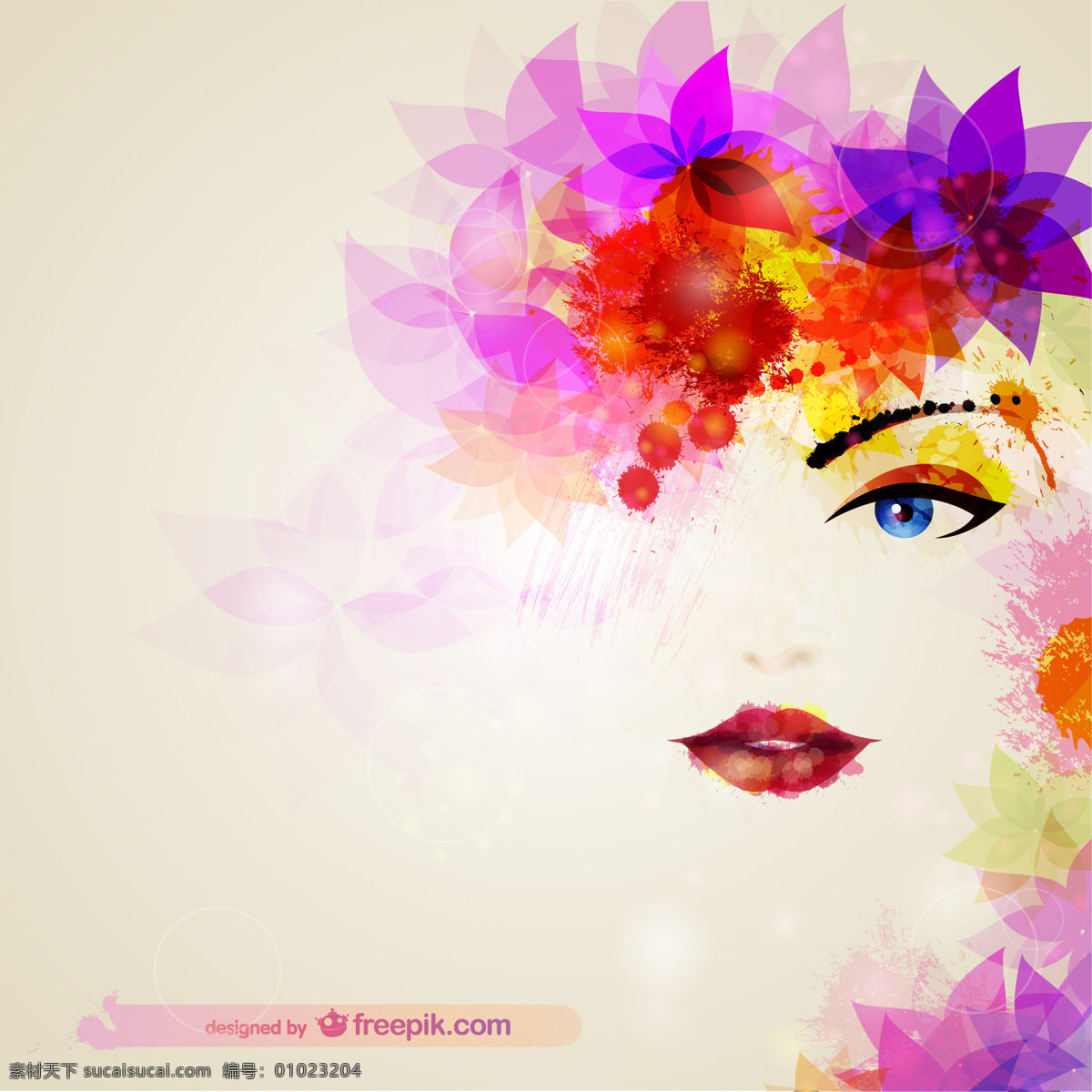 水彩画 女子 脸上 带 花 头发 背景 花卉 时尚 自然 模板 美容 面部 花卉背景 壁纸 布局 外形 元素 化妆品 化妆 花卉等 白色