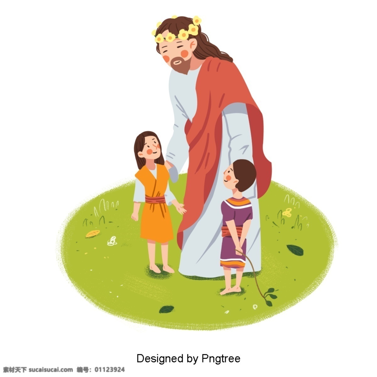 可爱 手绘 插图 耶稣 两个 孩子 草地 花 叶子 快乐 刮 仁慈 善良 关心 照顾 不要 生气