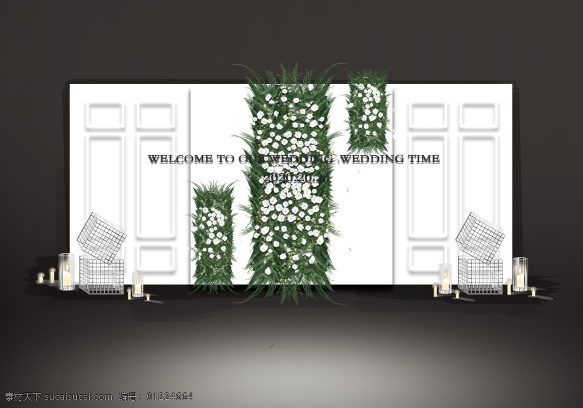 白 绿 婚礼 合影 区 绿植 浮雕 灯带 清新 韩式 效果图 铁网 白色婚礼 绿色婚礼 花墙