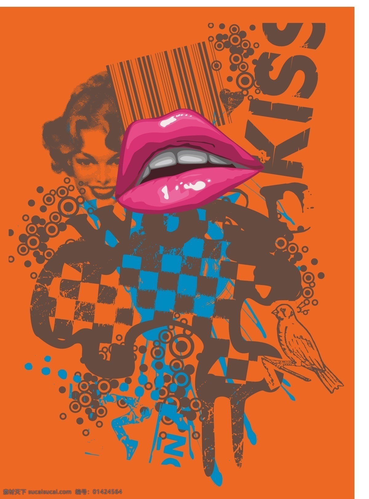 印花 矢量图 kiss 服装图案 外国女人 印花矢量图 英文 嘴唇 面料图库 服装设计 图案花型