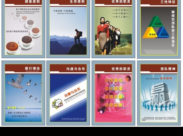 公司原则制度 顾客原则 生存原则 优秀的职员 三性特征 雁行理论 沟通与合作 团队精神 咖啡杯 人物 山 大雁 数码背景 水 矢量图库