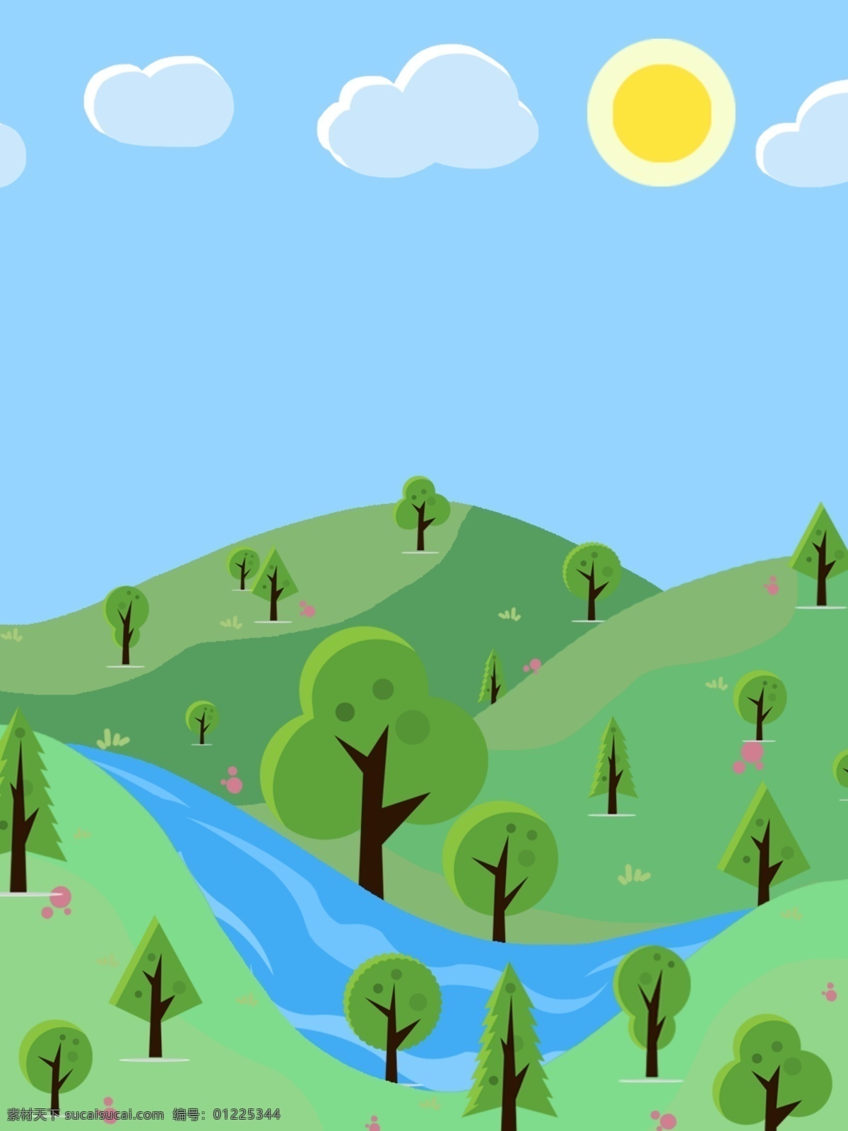 纯 原创 小 清新 森林 河流 蓝天 白云 背景 小清新 山川 花朵