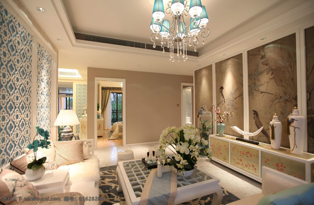 中式 客厅 壁画 装修 效果图 白色射灯 方形吊顶 个性吊灯 花纹地毯 花纹墙壁 灰色沙发