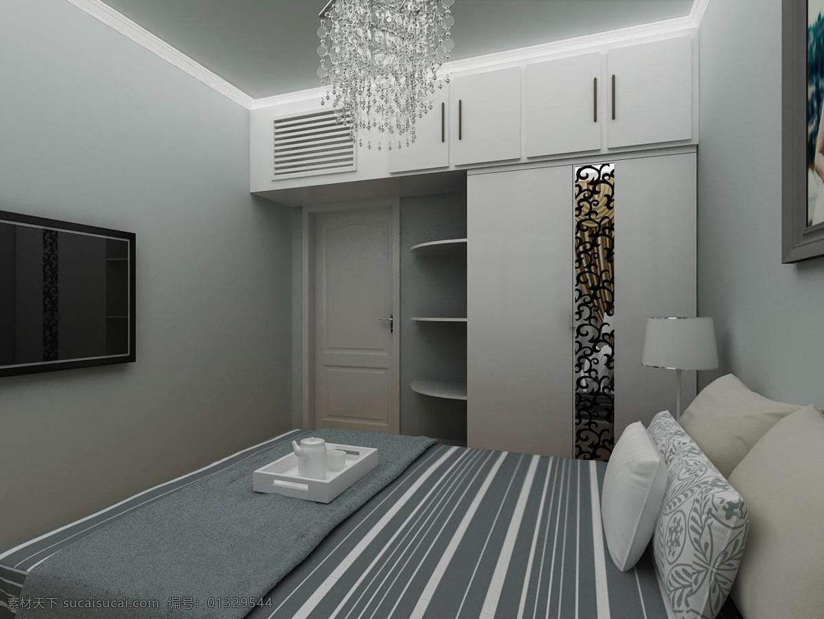卧室 环境设计 室内设计 衣柜 藏青色 漂亮的床 装饰素材