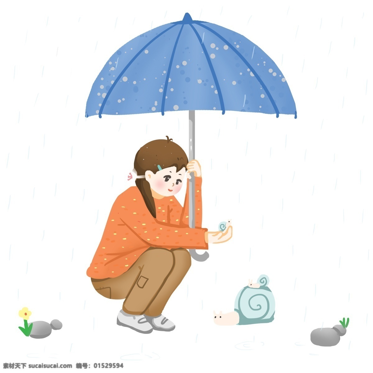谷雨 人物 蜗牛 插画 谷雨人物插画 蓝色的蜗牛 漂亮的小女孩 打伞的小女孩 蓝色的雨伞 卡通人物