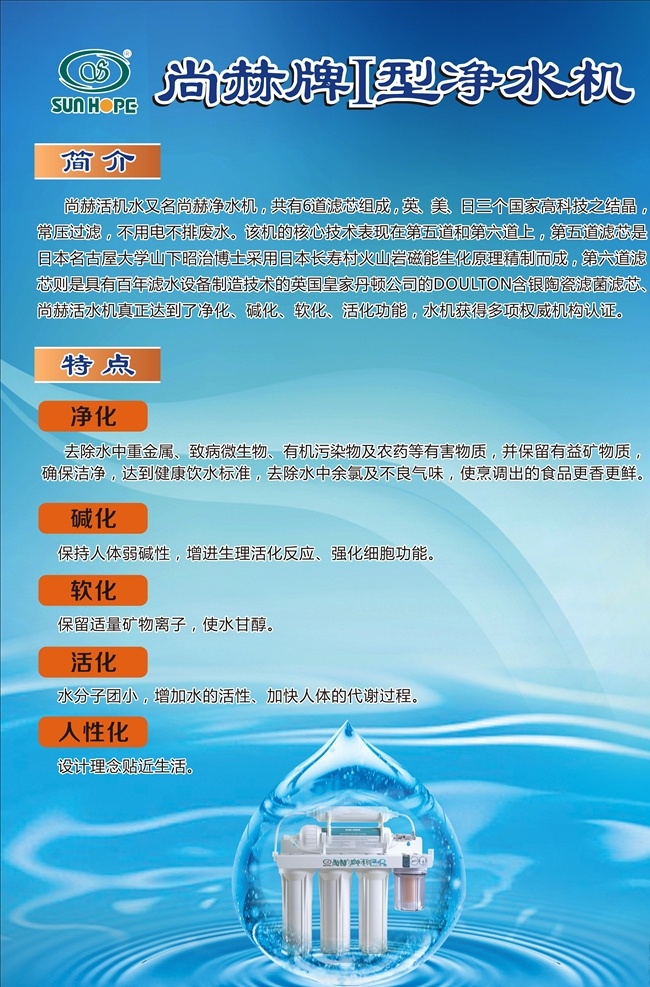 尚赫净水机 净水机 健康 饮水 生活 蓝色背景 大海背景 水纹 养生 生命之源 珍惜水资源 水滴 产品海报 渐变背景 尚赫 功效