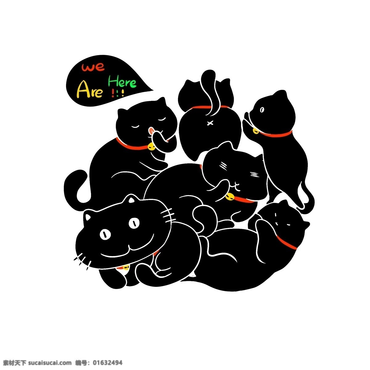 堆 黑色 躲 黑暗 里 猫 偷偷 藏 起来 小 黑猫 红色 金色 卡通 可爱 躲猫猫 一堆 胖嘟嘟 脖圈 铃铛 好多只 叠罗汉 手绘 好玩 有趣 趣味