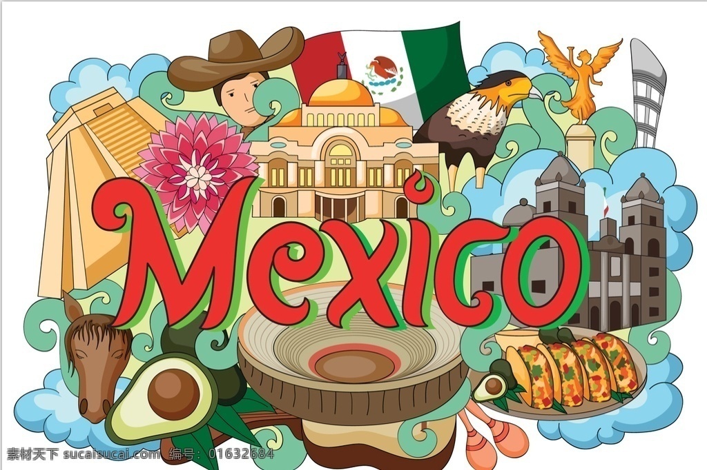 墨西哥 国家 手绘 插画 世界 名胜 景点 卡通 动物 首都 漫画 主题 元素 古老 魅力 文化遗产 观光 地标建筑 著名 位置 风格 背景 旅游 城市 概念 历史