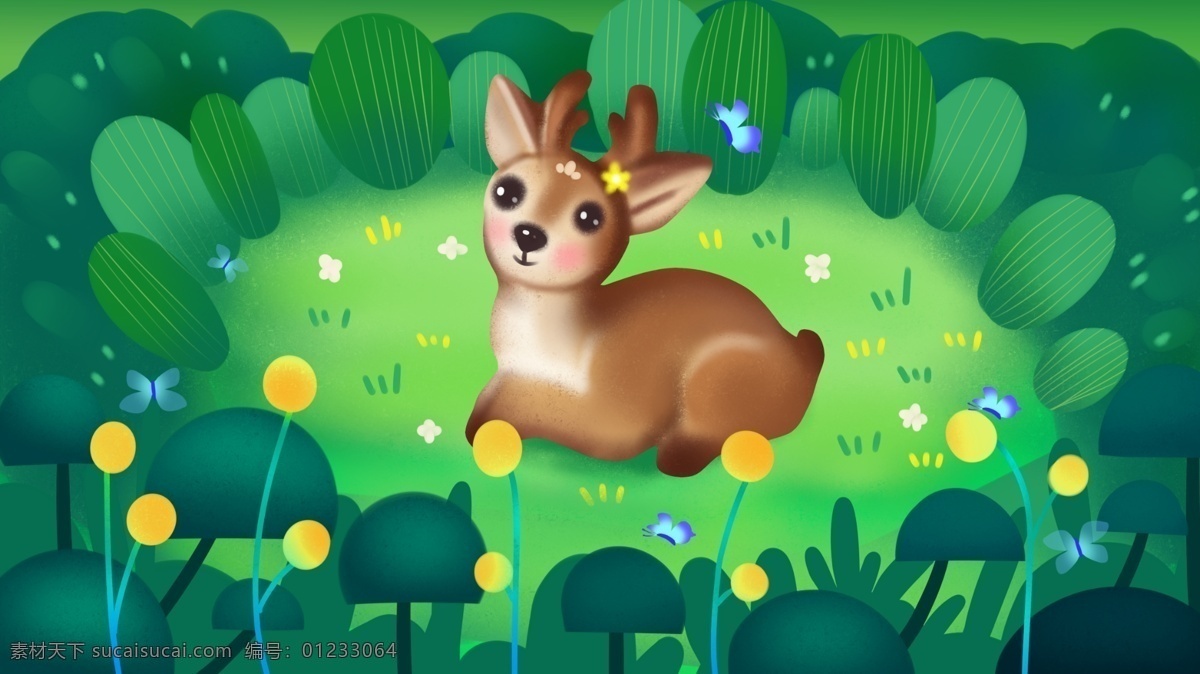 可爱 小鹿 治愈 系 森林 鹿 插画 清新 草地 植物 萌宠 童话 卡通海报 卡通 卡通插画 温暖 小清新