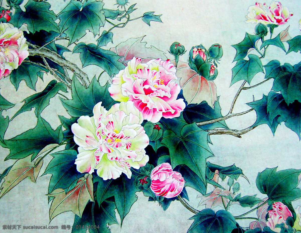 芙蓉 画 中国画 工笔画 花卉画 现代国画 植物 花 芙蓉花 红花朵 绿叶子 花香 花语 吐艳 盛开 春意盎然 国画艺术 书法 印章 国画集6 绘画书法 文化艺术