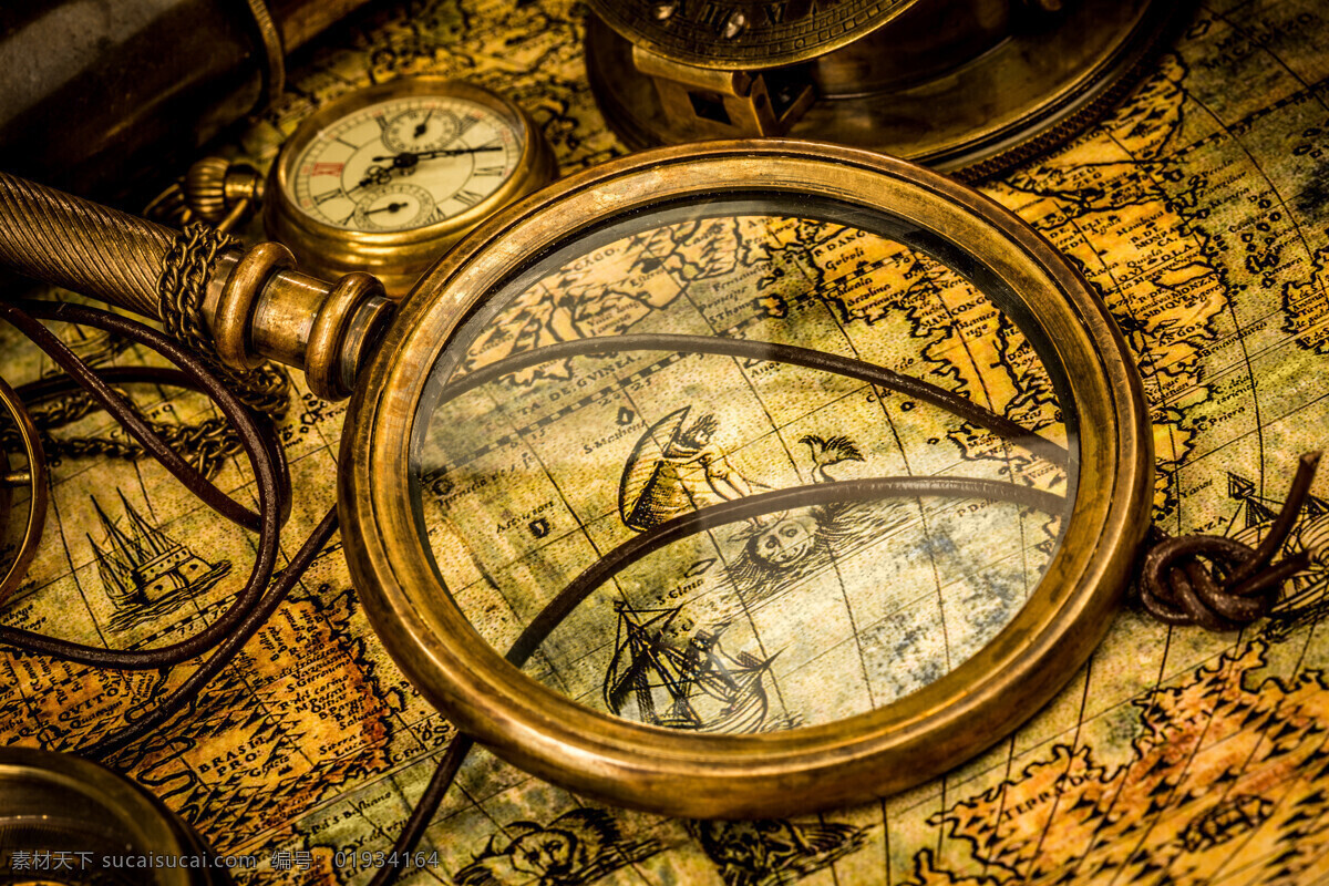 地图 上 航海 工具 航海工具 放大镜 指南针 怀表 怀旧地图 环球旅行 导航 其他艺术 文化艺术 黑色