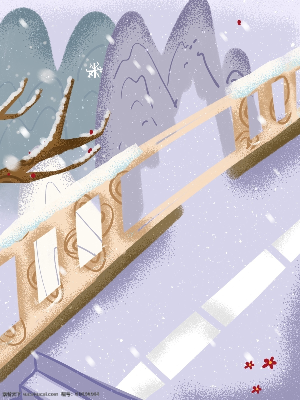彩绘 唯美 冬季 背景 雪地 桥 手绘背景 背景图 清新 远山 下雪 广告背景 背景设计 背景展板 促销背景