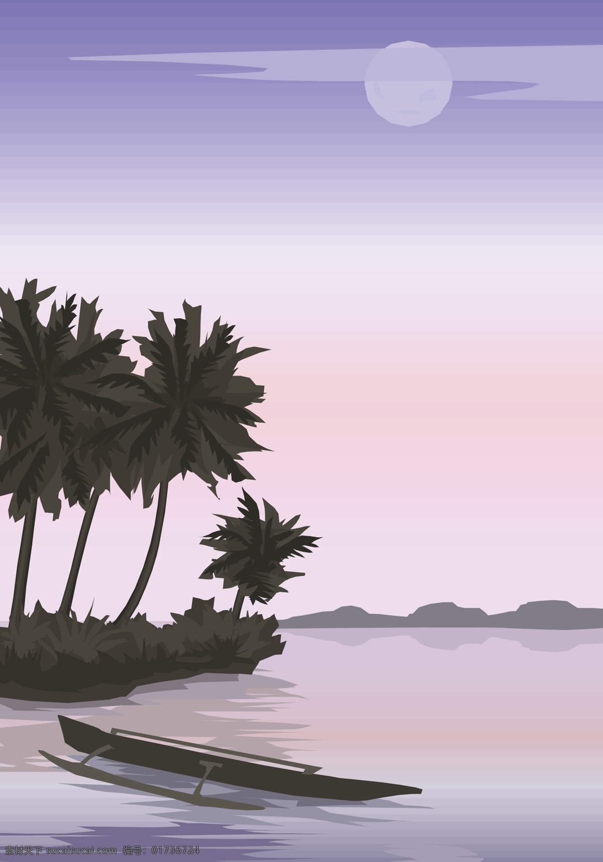 手绘 海边 背景 装饰 卡通 矢量背景装饰 童趣 晚霞 椰树