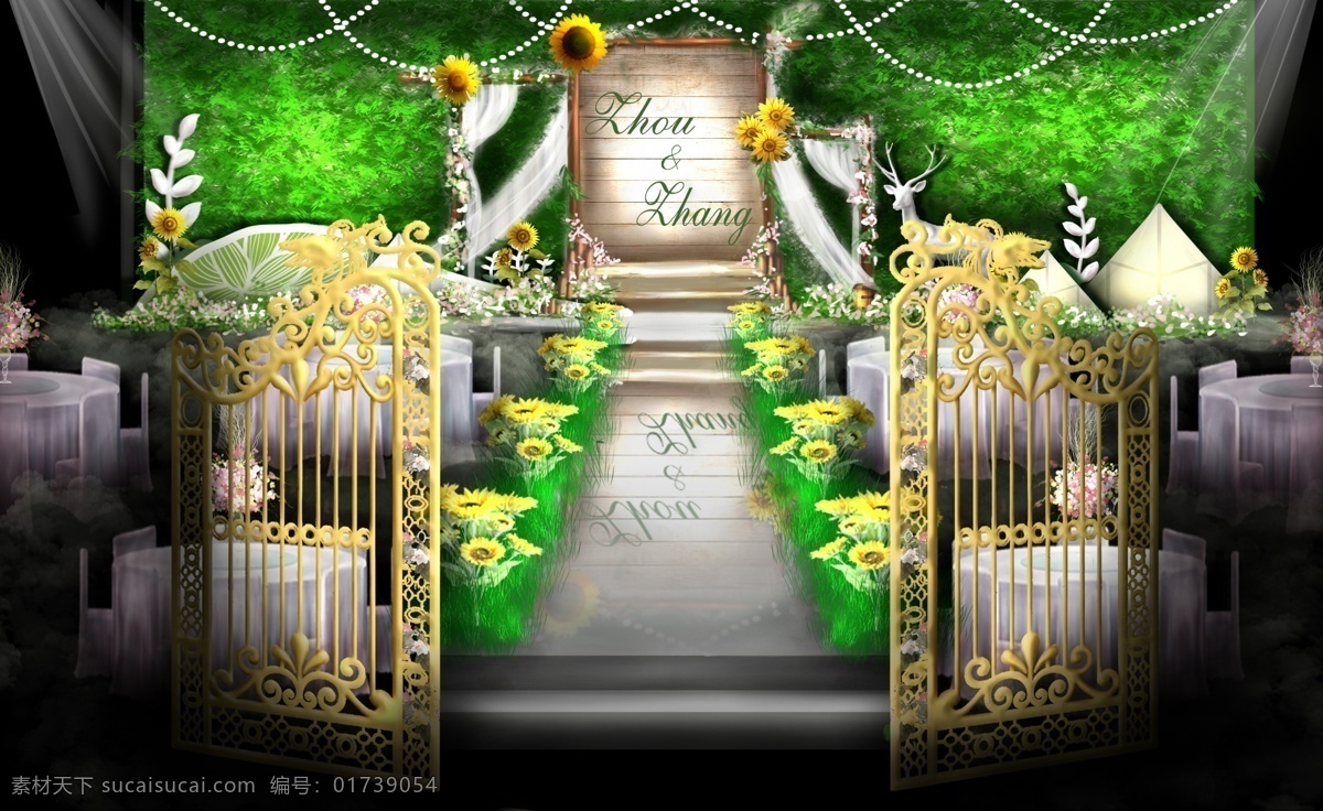 森 系 向日葵 木板 婚礼 效果图 木桩 树叶 金色门