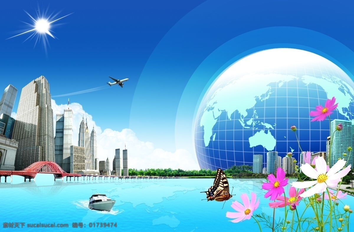 分层 大桥 地产广告模板 地球 房地产 飞机 风景 广告 精品 楼盘 高楼大厦 蓝天白云 阳光 湖面 水 蝴蝶 小船 花朵 树木 清新 自然 平面模板 源文件库 矢量图 建筑家居