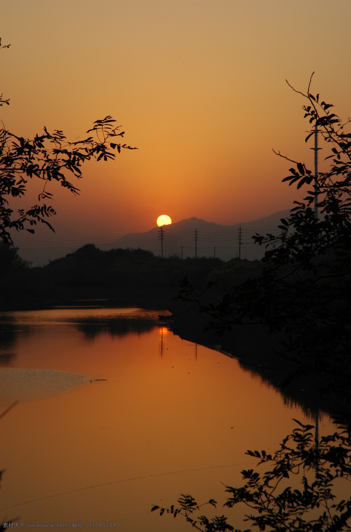 运河 夕照 河面 山峦 树枝剪影 日落夕阳 风景 生活 旅游餐饮