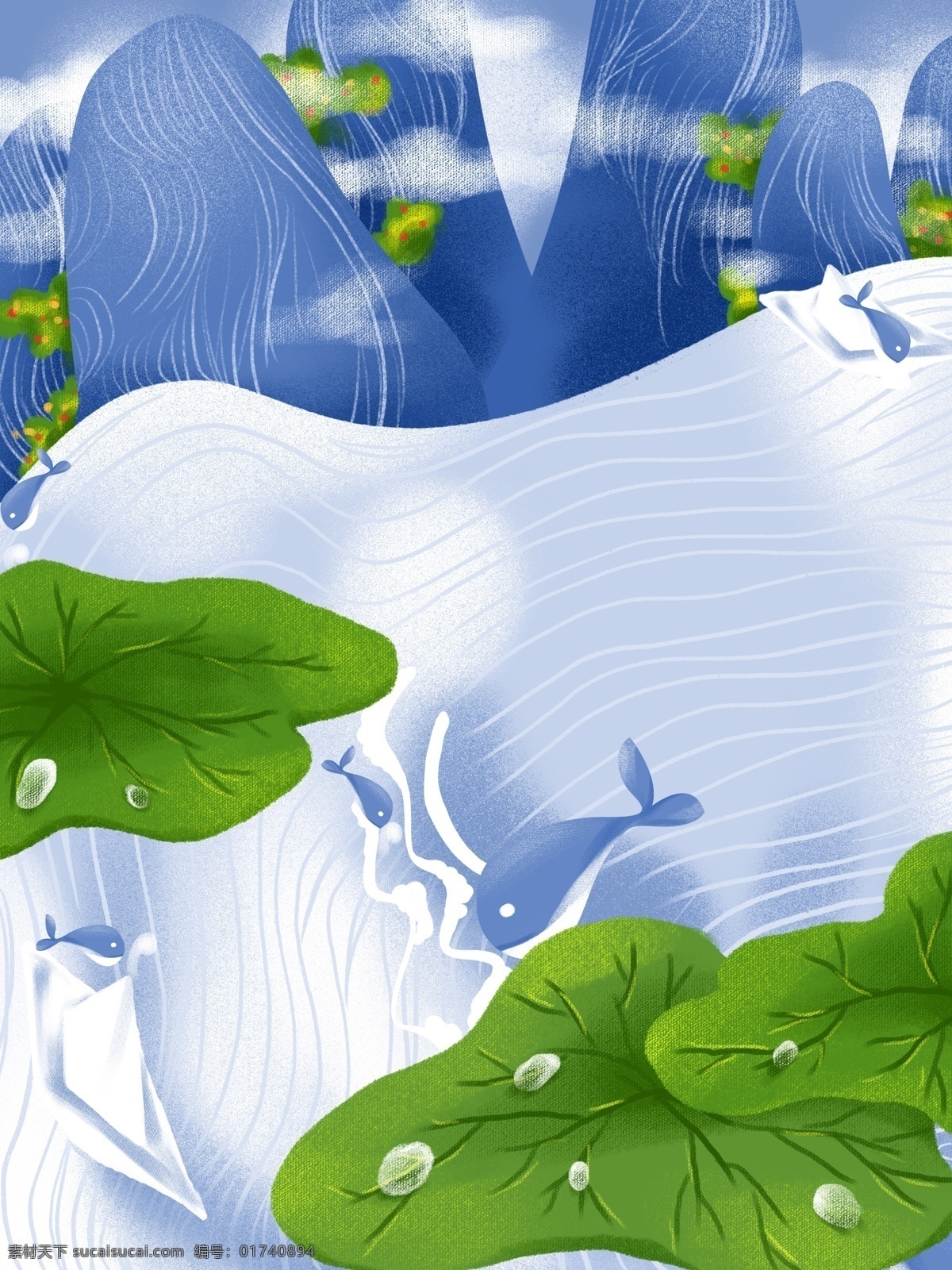 简约 手绘 瀑布 风景 插画 背景 色彩背景 瀑布风景 特邀背景 通用背景 广告背景 叶子 鱼