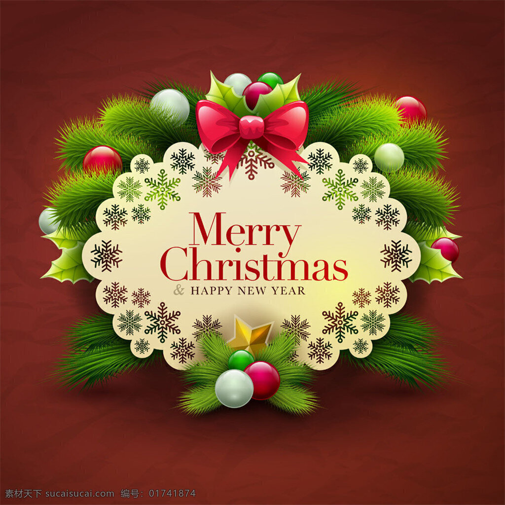 圣诞节 卡片 圣诞球 礼盒 铃铛 矢量素材 松枝 华丽 背景 彩球 珠子 红果 装饰品