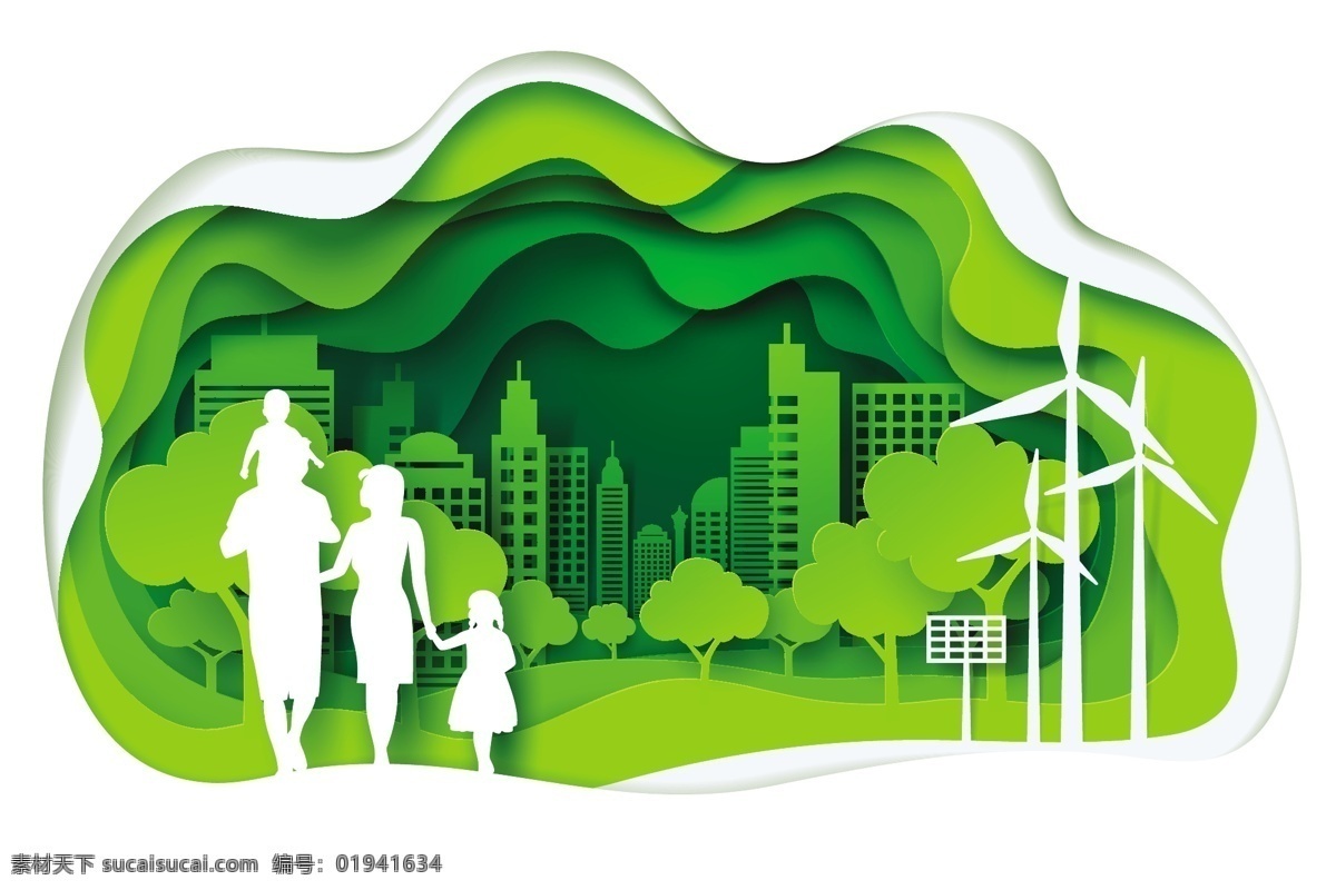 绿色生态 城市 家庭 剪影 矢量 男子 女子 孩子 建筑 树木 发电风车 生态学 人物