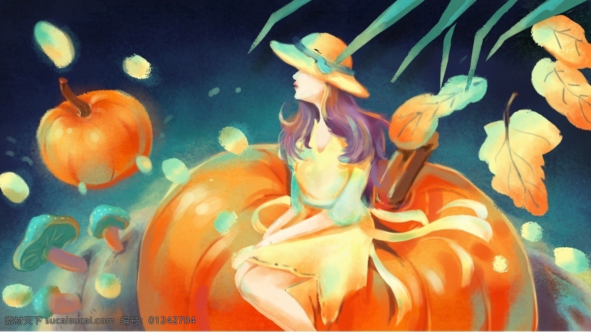心语 心情 晚安 你好 南瓜 少女 梦幻 小清新 插画 细腻 写实 手绘