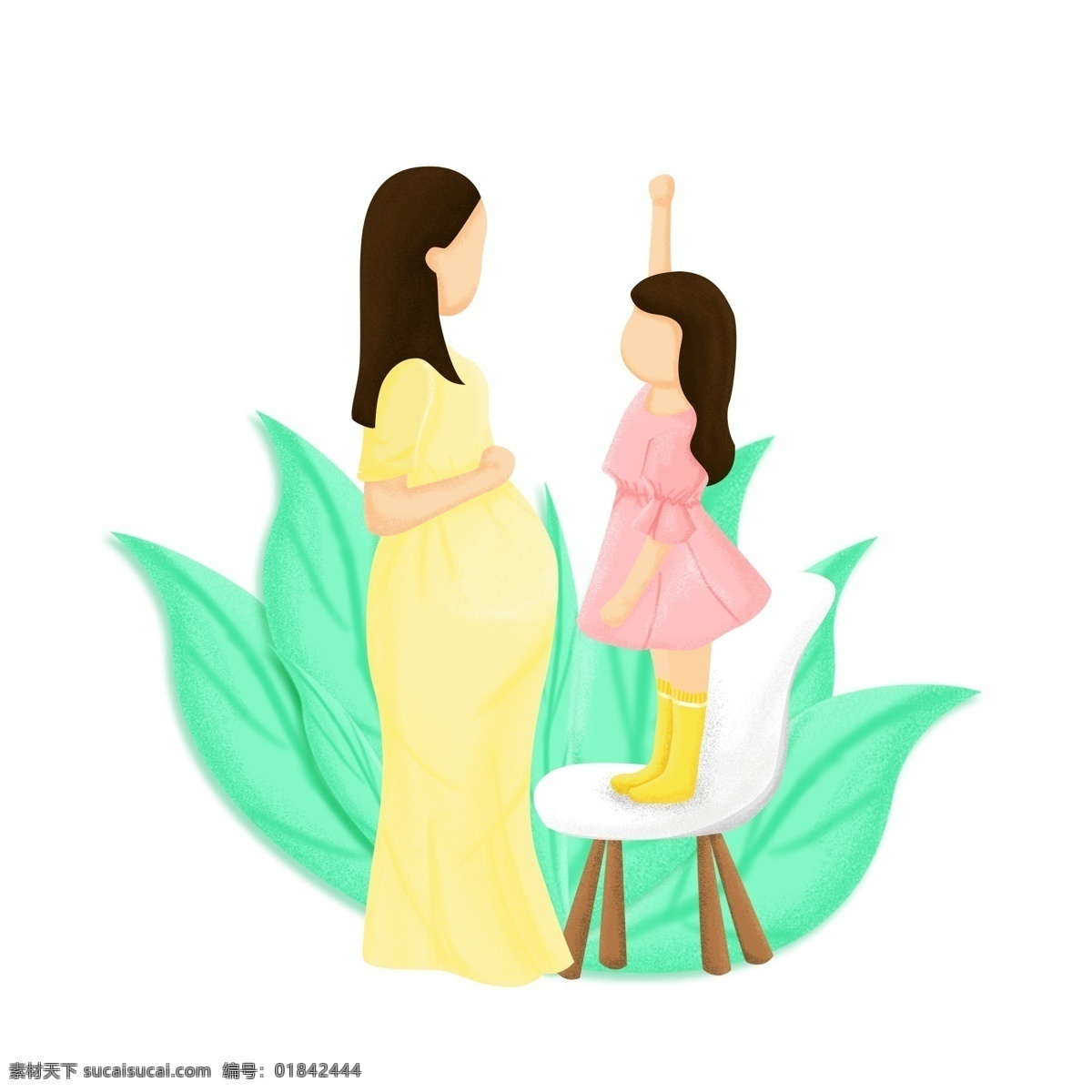 母女 二 胎 母亲节 手绘 插画 人物 植物 叶子 温馨 第二胎 手绘插画 卡通 怀孕